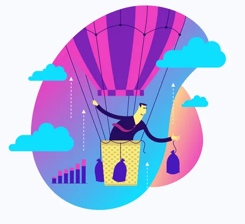 Flat Design Illustration For Presentation, Web, Landing Page: A Man In A Balloon Drops Ballast And Flies Up To Success Illustration