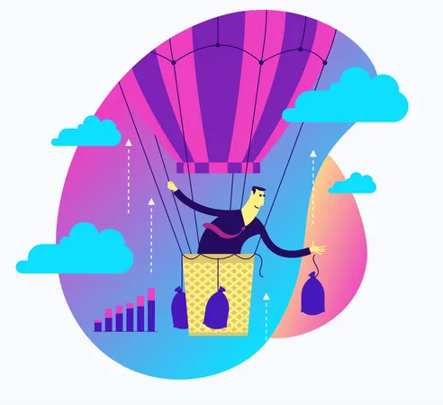 Flat Design Illustration For Presentation, Web, Landing Page: A Man In A Balloon Drops Ballast And Flies Up To Success  Illustration