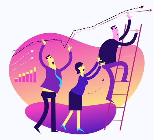 Flat Design Illustration For Presentation, Web, Landing Page: Men And Woman Work Together To Improve Results And Increase Performance  Illustration