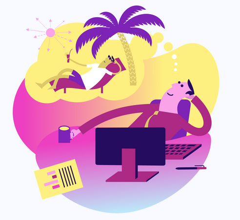 Flat Design Illustration For Presentation, Web, Landing Page: Office Employee Is Dreaming About Vacation Illustration