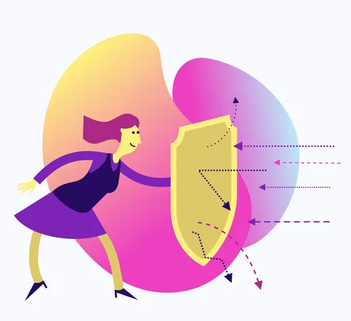 Flat Design Illustration For Presentation, Web, Landing Page: Woman With A Shield Protects From Attack  Illustration