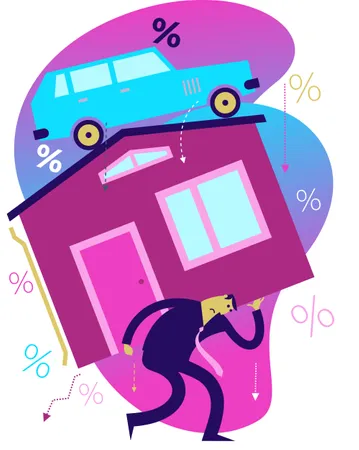 Flat Design Illustration: The Man Bears Heavy Expenses on the House, the Car Illustration
