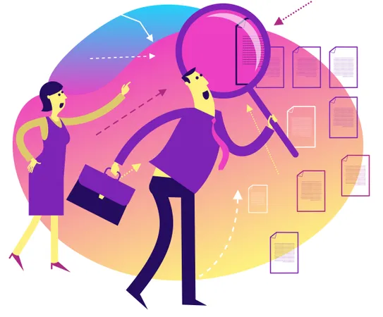 Flat Design Illustration For Presentation Web Landing Page Man And Woman Are Standing With A Magnifying Glass They Found A Document Or File Illustration