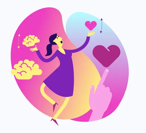 Illustrazione di design piatto per presentazioni, Web, pagine di destinazione: una donna in equilibrio e sceglie la mente o il cuore, il calcolo o le emozioni  Illustration