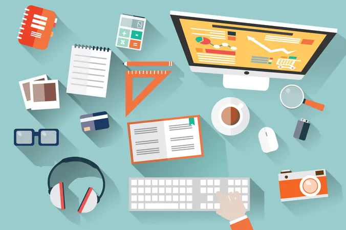 Flat design objects, work desk, long shadow, office desk, computer and stationery Illustration