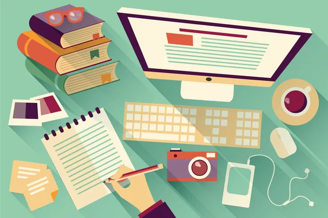 Flat design objects, work desk, long shadow, office desk, computer and stationery  Illustration