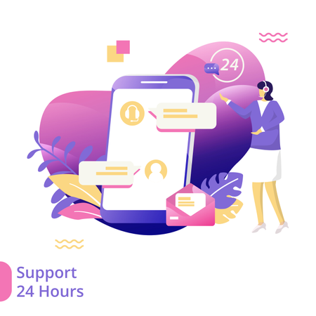 Flat Illustration of 24 Hours Support  Illustration