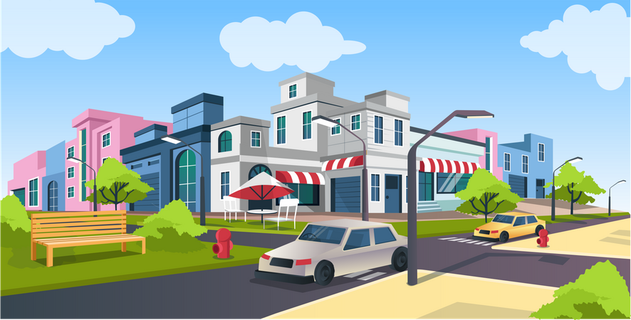 Flat isometric vector illustration, road and car, city street with Park bench landscape Illustration