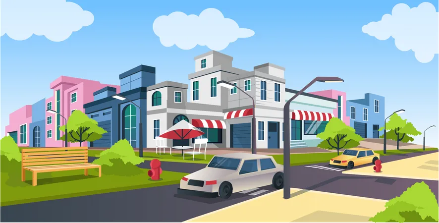 Flat isometric vector illustration, road and car, city street with Park bench landscape Illustration