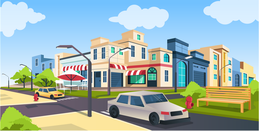 Flat isometric vector illustration, road and car, city street with Park bench landscape  Illustration