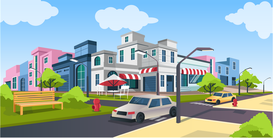 Flat isometric vector illustration, road and car, city street with Park bench landscape  Illustration