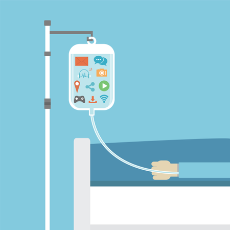 Flat Style Concept Of Social Addiction, Patient On Sick Bed Healed By Social Network Illustration