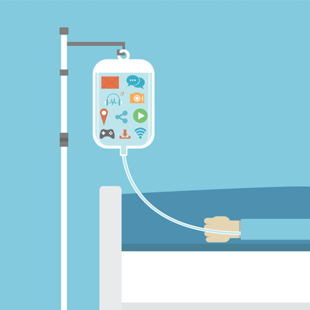 Flache, Stil, Begriff, Von, Soziales, Addiction,, Patient, Auf, Krankenbett, Geheilt, Per, Soziales, Network  Illustration