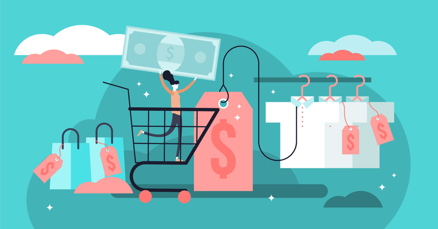 Flat tiny price tags and labels persons concept  일러스트레이션