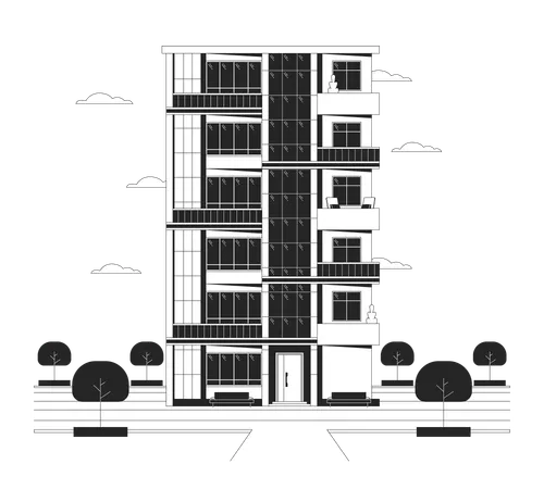 Flats Apartment Multistory Black And White Cartoon Flat Illustration Condominium Multi Storey Building 2 D Lineart Object Isolated Estate Complex Property Monochrome Scene Vector Outline Image Illustration