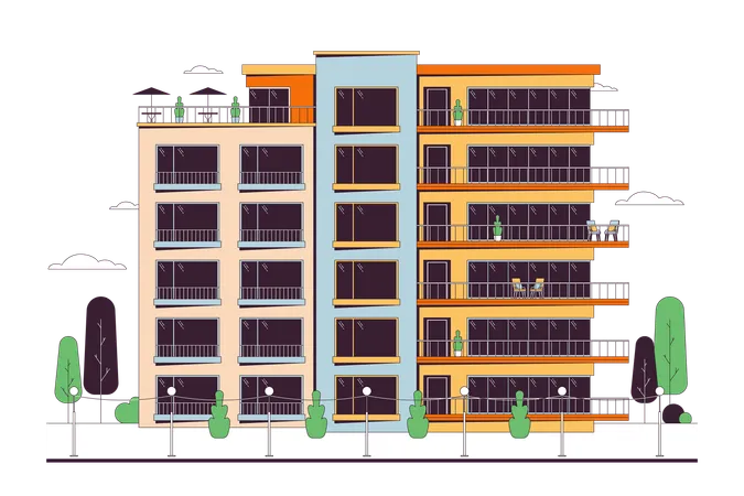 Flats Condominium With Balconies Line Cartoon Flat Illustration Front View Building Condo Exterior 2 D Lineart Object Isolated On White Background Real Estate Housing Scene Vector Color Image Illustration
