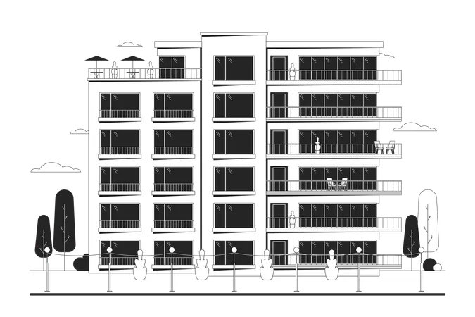 Flats Condominium With Balconies Black And White Cartoon Flat Illustration Front View Building Condo Exterior 2 D Lineart Object Isolated Real Estate Housing Monochrome Scene Vector Outline Image Illustration