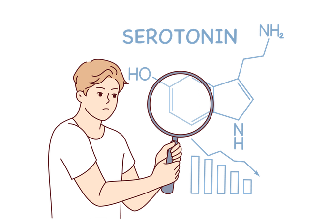 Flaw of hormone serotonin in man holding magnifying glass and suffering from lack of sunlight  Illustration