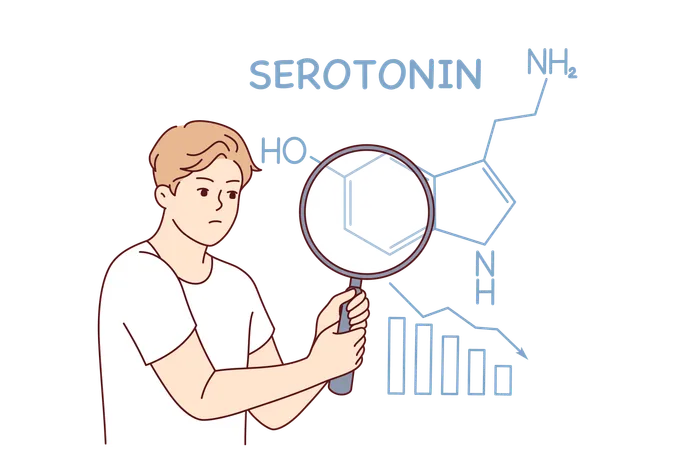 Flaw of hormone serotonin in man holding magnifying glass and suffering from lack of sunlight  Illustration