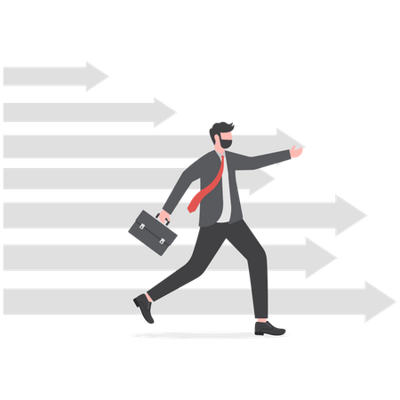 Flechas de negocios con un hombre de negocios corriendo hacia el éxito  Ilustración