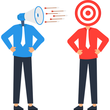 Flechas de comunicación y objetivos empresariales Figuras rojas y azules  Ilustración
