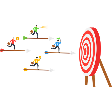 Flèches de cible commerciale avec des chiffres en mouvement visant un succès dans le mille  Illustration