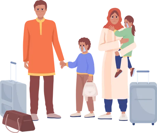Fleeing family waiting for evacuation train Illustration