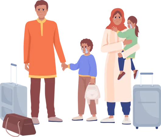 Fleeing family waiting for evacuation train  Illustration