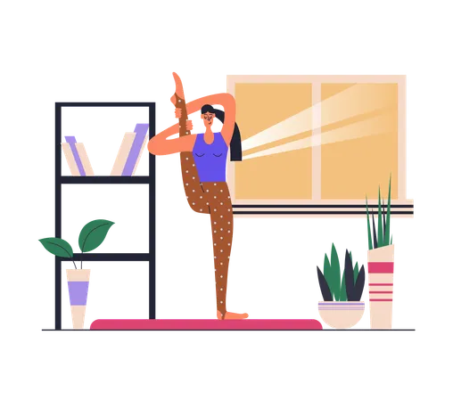 Femme de flexibilité debout en position d'entraînement et améliore la santé du corps à la maison  Illustration