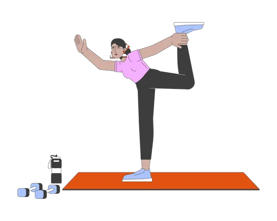 Flexible Indian Woman Doing Yoga 2 D Linear Cartoon Character South Asian Lady Exercising On Mat Isolated Line Vector Person White Background Healthy Activity Color Flat Spot Illustration Illustration
