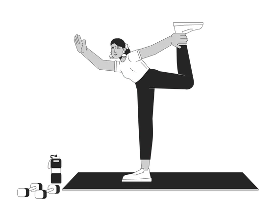Flexible Indian Woman Doing Yoga Black And White 2 D Line Cartoon Character South Asian Lady Exercising On Mat Isolated Vector Outline Person Healthy Activity Monochromatic Flat Spot Illustration Illustration