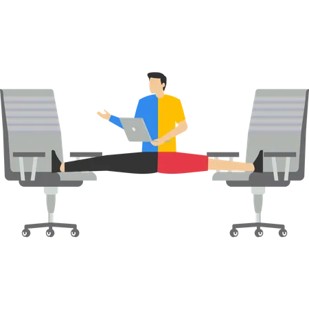 Let Employees Manage Their Working Time To Complete Project Concept Flexible Working Smart Relaxed Businessman Working With Laptop Computer Stretching His Legs Between Chairs Balancing Like Yoga Illustration