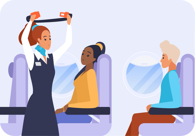 Flight attendant ask passengers to fasten the belt  Illustration