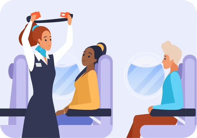 Flight attendant ask passengers to fasten the belt  Illustration