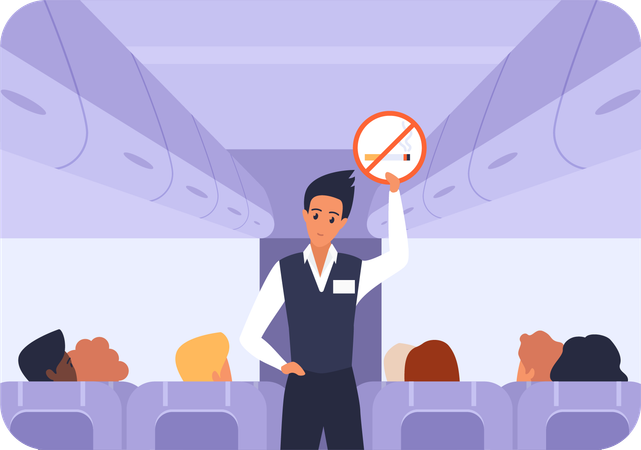 Flight attendant ask passengers to no smoking on flight  イラスト