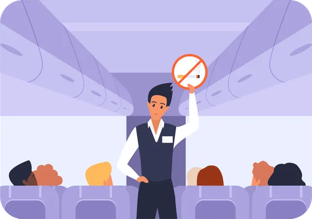 Flight attendant ask passengers to no smoking on flight  Illustration