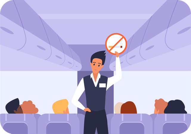 Flight attendant ask passengers to no smoking on flight  Illustration