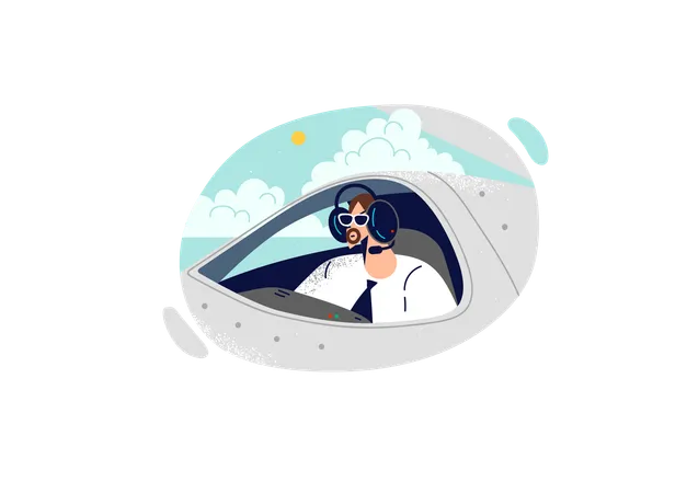 Man Pilot Of Airplane Sits In Cockpit Of Airliner Flying In Sky Among Clouds Making Cross Border Flight Guy Aviator In Headphones And Sunglasses Works As Pilot And Controls Civil Ship Illustration