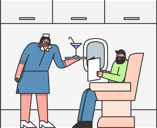 Flight attendant offer drinks to man in first class  Illustration