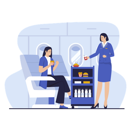 Flight attendants serve passengers on the plane  Illustration