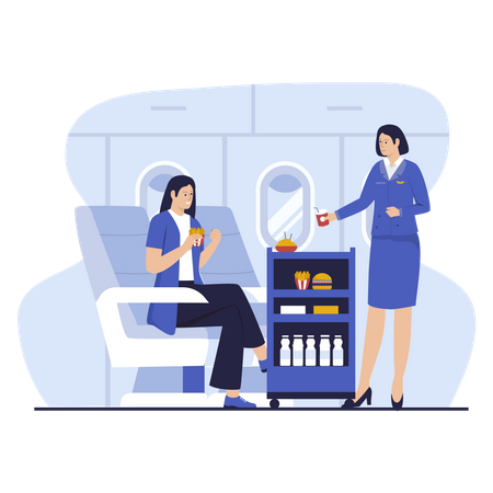 Flight attendants serve passengers on the plane  Illustration