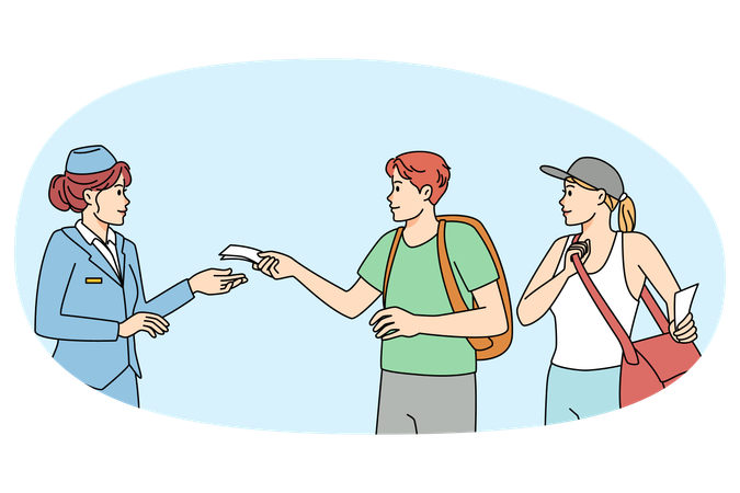 Flight crew member check travelers tickets in airport  Illustration