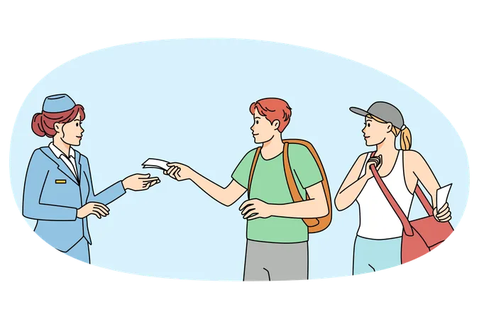 Flight crew member check travelers tickets in airport  Illustration