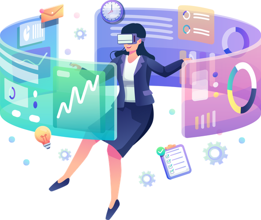 Floating businesswoman wearing virtual reality glasses, touching and analyzing the business chart interface. Flat style vector illustration Illustration