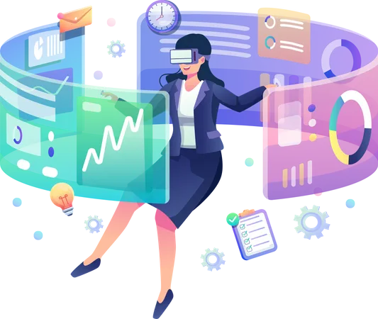 Floating businesswoman wearing virtual reality glasses, touching and analyzing the business chart interface. Flat style vector illustration Illustration