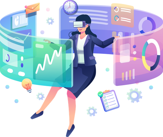 Floating businesswoman wearing virtual reality glasses, touching and analyzing the business chart interface. Flat style vector illustration  Illustration