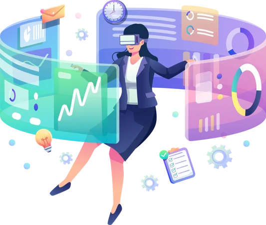 Floating businesswoman wearing virtual reality glasses, touching and analyzing the business chart interface. Flat style vector illustration  Illustration