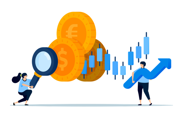 Floating candlesticks and magnifying glass searching for coin money  Illustration