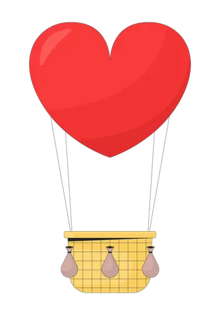 Floating Hot Air Balloon 2 D Linear Cartoon Object Festival Ballooning Isolated Line Vector Element White Background Romantic Heart Shaped Baloon Basket Transportation Color Flat Spot Illustration Illustration