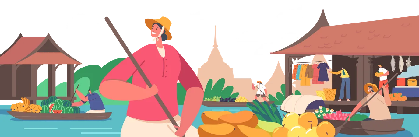 Floating Market in Thailand  Illustration